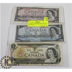 LOT OF 3 CANADIAN BILLS 1954 $5, $10, 1973 $1