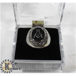 SILVER TONE MASONIC RING, ROUND FACE, SIZE 9