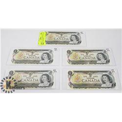 LOT OF 5 -  1973 CANADIAN DOLLAR BILLS IN SEQUENCE