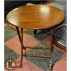 FOLDING ROUND WOOD TABLE, 27" DIAMETER X 28" HIGH