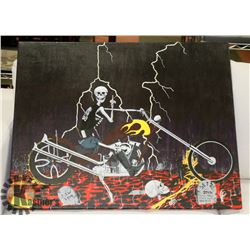 ORIGINAL PAINTING ON CANVAS OF BIKER SKELETON