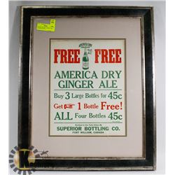 ANTIQUE FRAMED AMERICA DRY, CANADIAN SODA