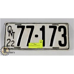 1922 ONTARIO LICENCE PLATE
