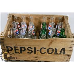 WOOD PEPSI POP CRATE WITH 23 RANDOM POP BOTTLES