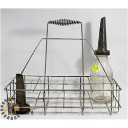 1940'S OIL BOTTLE RACK WITH BOTTLE AND EXTRA SPOUT