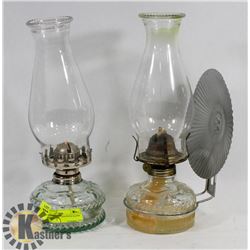 TWO COAL OIL LAMPS WITH GLASS CHIMNEYS