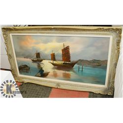 FRAMED VINTAGE PAINTING BOATS ON THE WATER