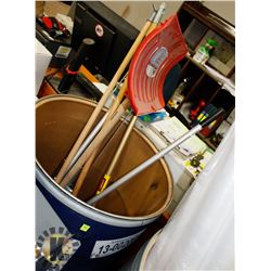 BIN WITH ASSORTED POLES AND SNOW SHOVEL