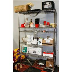 ASSORTED RACK OF HOUSEHOLD ITEMS AND MORE