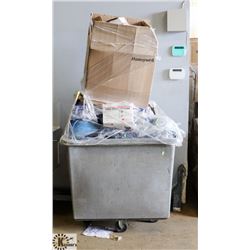 ROLLING BIN WITH HARD HATS WELDING MASKS ETC.