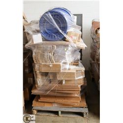 PALLET OF NEW BOXES AND THREE WASTE BINS