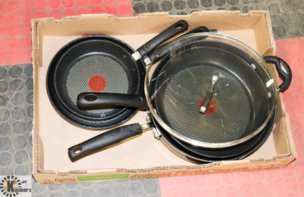 LOT OF 4 TFAL FRYING PANS, 8", 10", 11" & 12"