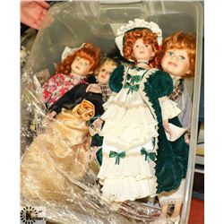 TOTE OF ASSORTED PORCELAIN DOLLS WITH STANDS