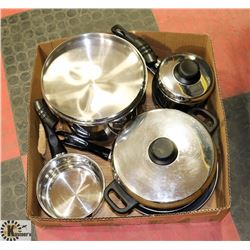 BOX W/3 SMALL POTS, 2 LARGE POTS W/LIDS &