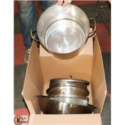 BOX OF ASSORTED STAINLESS MIXING BOWLS AND LARGE
