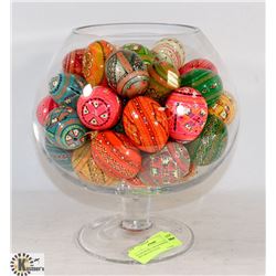 GLASS BOWLS WITH PAINTED DECORATIVE EGGS