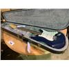 Image 1 : BLUE FENDER SQUIER BULLET ELECTRIC GUITAR WITH HARDSHELL TEAR DROP CASE ( NEEDS REPAIR )