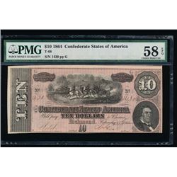 1864 $10 Confederate States of America Note PMG 58EPQ