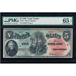 1869 $5 Rainbow Woodchopper Legal Tender Note PMG 65EPQ