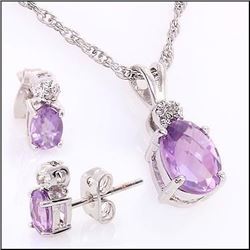 Plated Rhodium 1.90ctw Amethyst Pendant with Chain and Earrings