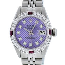 Rolex Ladies Stainless Steel Purple Stamp Diamond & Ruby Datejust Wristwatch