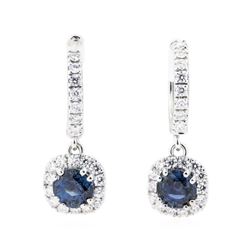 2.40 ctw Blue Sapphire And Diamond Earrings - 18KT White Gold