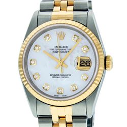 Rolex Mens 2 Tone 14K Mother Of Pearl VS Diamond 36MM Datejust Wristwatch