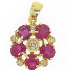 14k Yellow Gold Flower Pendant 2.10 ctw Oval Blood Red Rubies Bezel Set Diamonds