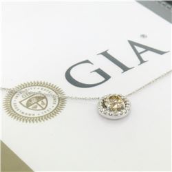 14k White Gold GIA 1.41 ctw Fancy Brownish Yellow Round Diamond Pendant w/ Halo
