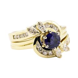 1.37 ctw Blue Sapphire And Diamond Ring And Band - 14KT Yellow Gold