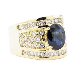 3.29 ctw Blue Sapphire And Diamond Ring - 14KT Yellow Gold