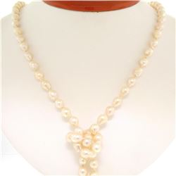 Estate 38  Long 6.5-7mm Natural Pearl Strand Lariat Necklace w/ Dual 14K Tassels