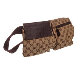 Gucci Brown Beige GG Canvas Leather Waist Bag