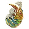 Image 1 : 18k Yellow Gold Multi Color Enamel 46 Diamond Peacock Pin Brooch