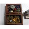 Image 2 : ASSORTED PINS IN SMALL WOODEN CHEST, SMALL WICKER BASKET OF BEACH THEMED NECKLACES, POCKET WATCH,