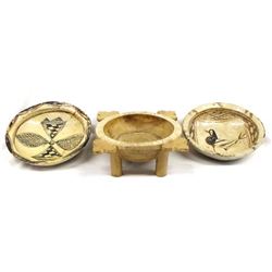 1940 Polynesian Samoan Carved Wood Kava Bowl & 2 Antique African Berber Tribe Pottery Bowls