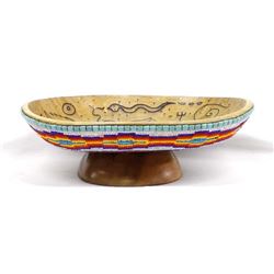 Hand Beaded Wood Pedestal Bowl by Kills Thunder