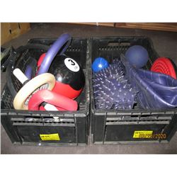 2 BINS ASSORTED BALLS, WEIGHTS, ETC.