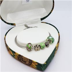 Silver Green Beads And Pendants Flexible Bracelet (~weight 14g), Made in Canada, Suggested Retail Va