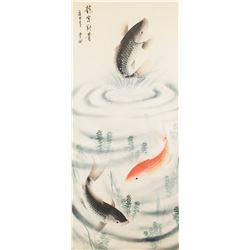 Qing Liu Chinese Watercolor Carp Scroll
