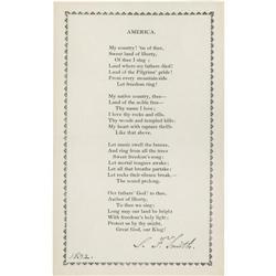 Samuel Francis Smith Document Signed. "America" Samuel Francis Smith Document Signed