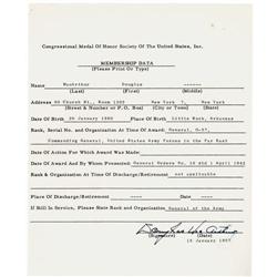 Douglas MacArthur Signed Typed Application Douglas MacArthur Signed Application- Congressional Medal