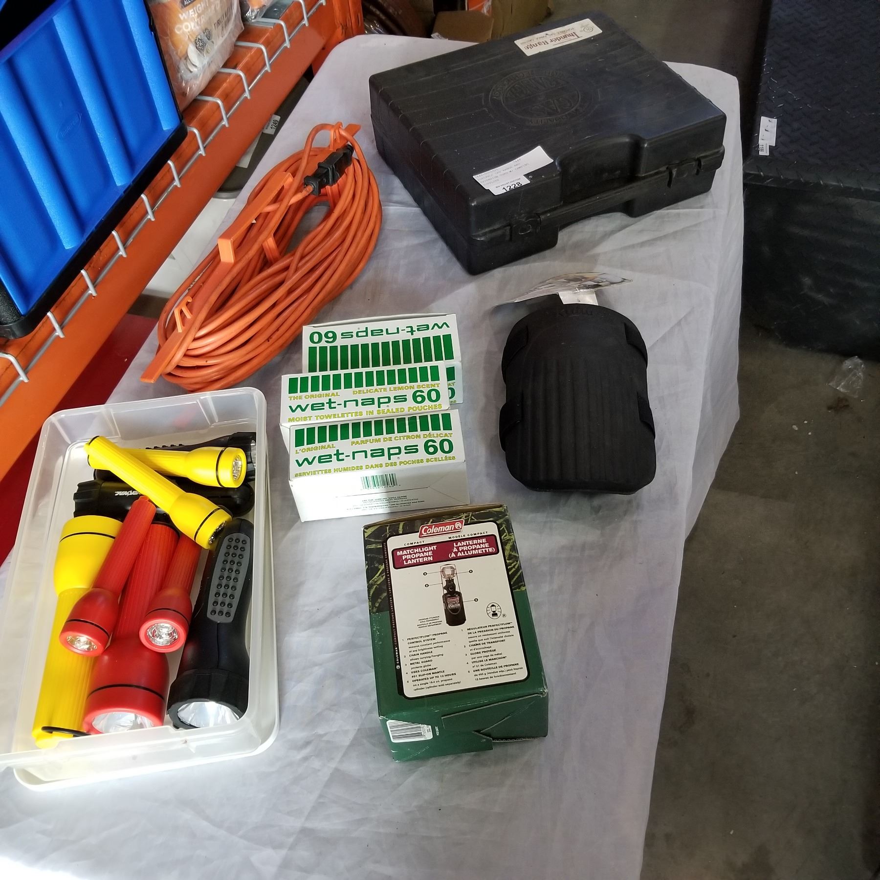 PORTABLE GAS RANGE AND EXTENSION CORD W/ CAMPING SUPPLIES