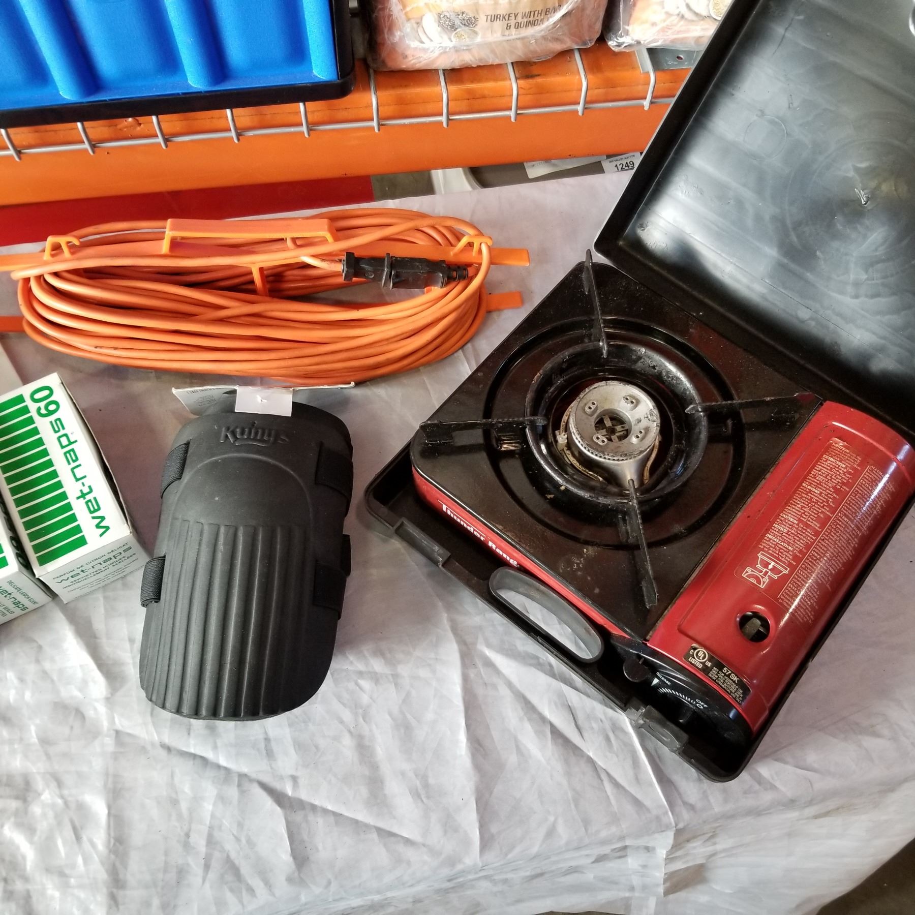 PORTABLE GAS RANGE AND EXTENSION CORD W/ CAMPING SUPPLIES