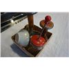 Image 2 : METAL GODS ANTIQUE THREAD SPOOLS, AMBER GLASS BOTTLE, AND CHOPPER