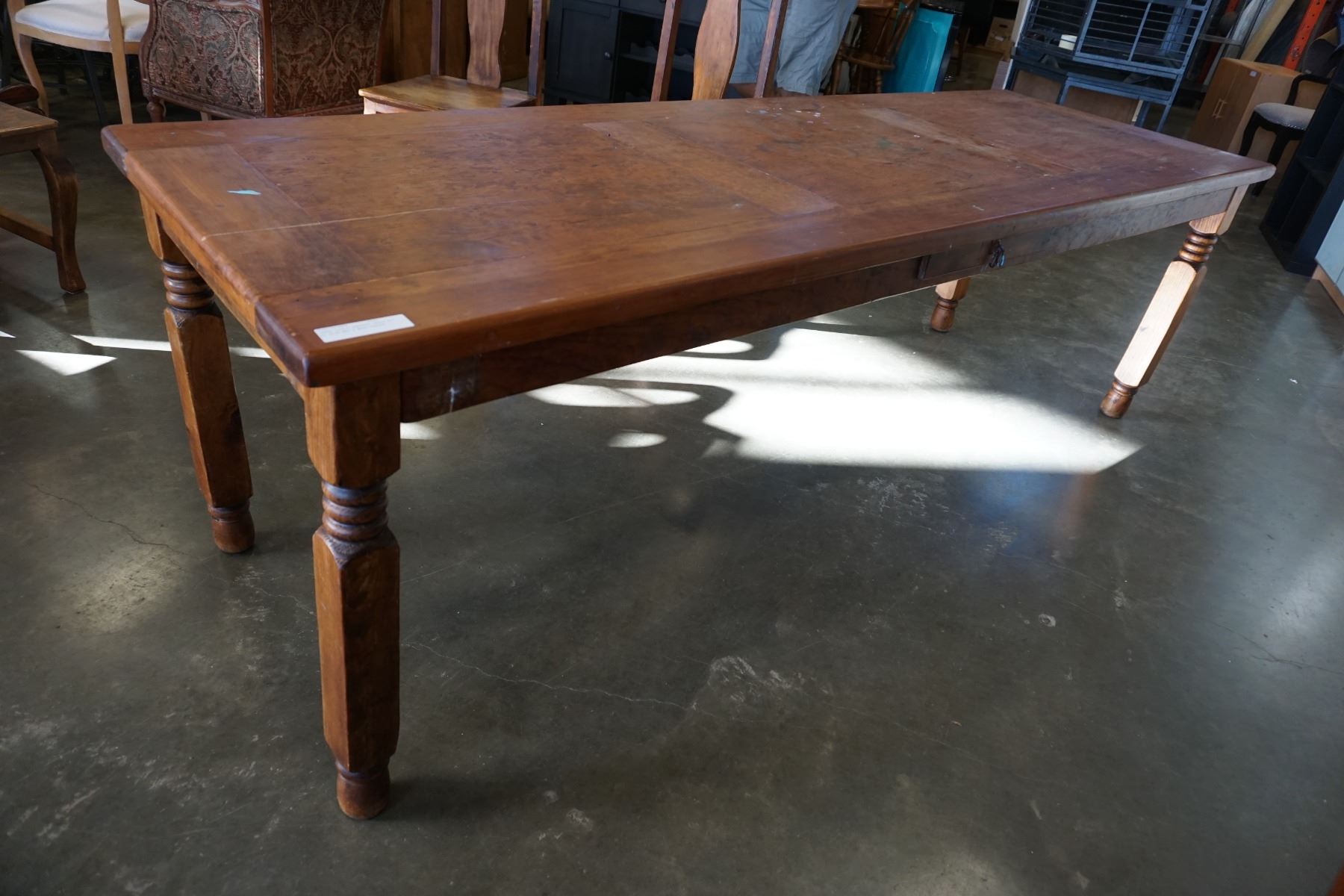 LARGE RUSTIC HARVEST TABLE 8FT BY 32IN AND 8 WOOD CHAIRS