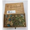 Image 1 : Small Vintage Wooden Cigar Box filled with Mid Century Modern Jewelry.