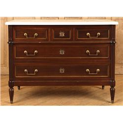 FRENCH MAHOGANY LOUIS XV STYLE MARBLE TOP COMMODE