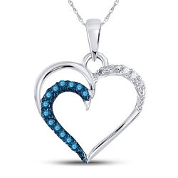 Round Blue Color Enhanced Diamond Heart Outline Pendant 1/10 Cttw 10kt White Gold