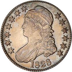 1828 Capped Bust 50C Curl base, knob 2 RAW AU58 O-107a